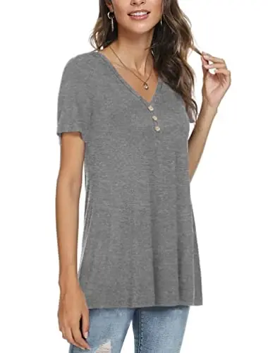 AWULIFFAN Womens Summer Short Sleeve Tunic Tops Loose Fit Casual T-Shirt Button Up Blouses - MODAZONE (1)