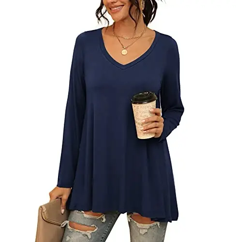 AWULIFFAN Women's Casual Round Neck Long Sleeve Loose Tunic T-Shirt Blouse Tops - 1