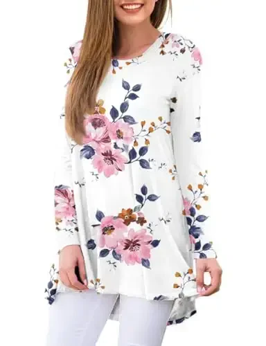 AWULIFFAN Women's Casual Round Neck Long Sleeve Loose Tunic T-Shirt Blouse Tops - 2