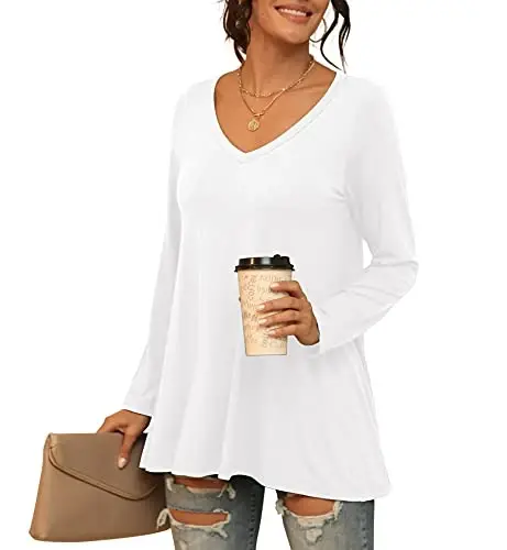 AWULIFFAN Women's Casual Round Neck Long Sleeve Loose Tunic T-Shirt Blouse Tops - 2