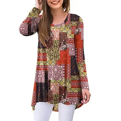 AWULIFFAN Women's Casual Round Neck Long Sleeve Loose Tunic T-Shirt Blouse Tops - 1