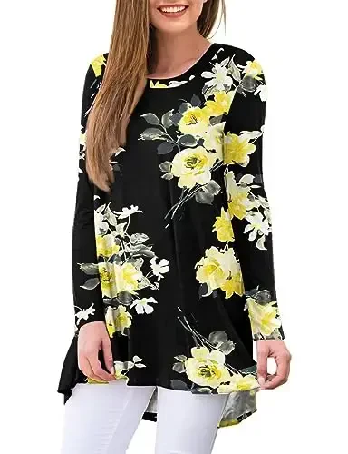 AWULIFFAN Women's Casual Round Neck Long Sleeve Loose Tunic T-Shirt Blouse Tops - 2