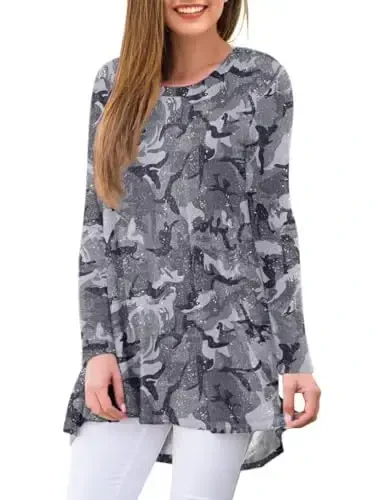 AWULIFFAN Women's Casual Round Neck Long Sleeve Loose Tunic T-Shirt Blouse Tops - 2