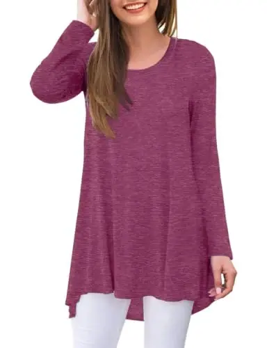AWULIFFAN Women's Casual Round Neck Long Sleeve Loose Tunic T-Shirt Blouse Tops - 1