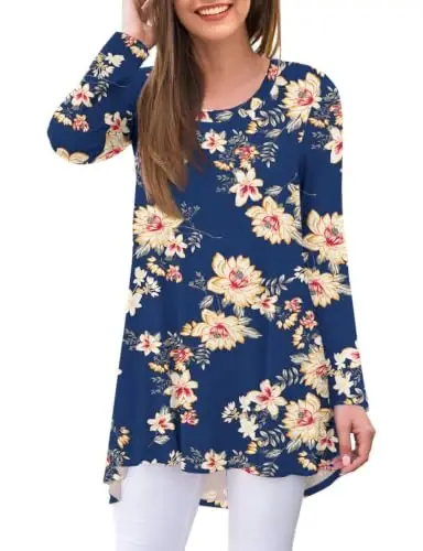 AWULIFFAN Women's Casual Round Neck Long Sleeve Loose Tunic T-Shirt Blouse Tops - 1