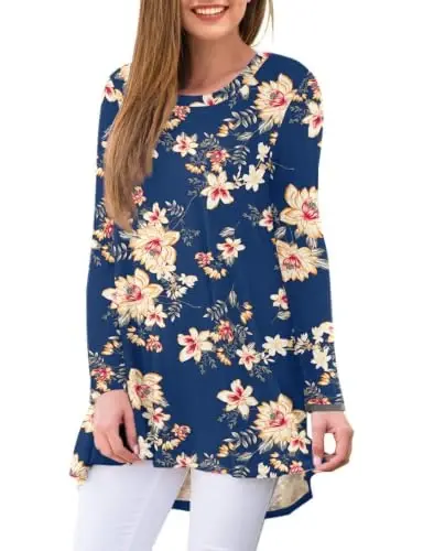 AWULIFFAN Women's Casual Round Neck Long Sleeve Loose Tunic T-Shirt Blouse Tops - 2
