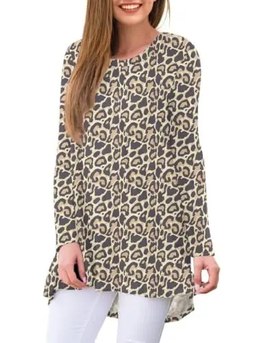 AWULIFFAN Women's Casual Round Neck Long Sleeve Loose Tunic T-Shirt Blouse Tops - AWULIFFAN (1)