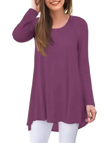 AWULIFFAN Women's Casual Round Neck Long Sleeve Loose Tunic T-Shirt Blouse Tops - 1