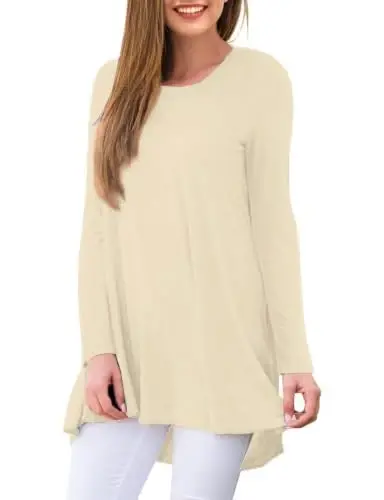 AWULIFFAN Women's Casual Round Neck Long Sleeve Loose Tunic T-Shirt Blouse Tops - AWULIFFAN (1)