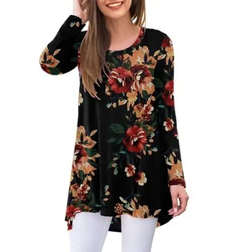 AWULIFFAN Women's Casual Round Neck Long Sleeve Loose Tunic T-Shirt Blouse Tops - AWULIFFAN