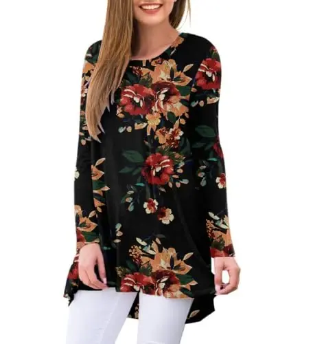 AWULIFFAN Women's Casual Round Neck Long Sleeve Loose Tunic T-Shirt Blouse Tops - AWULIFFAN (1)