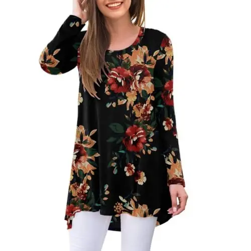 AWULIFFAN Women's Casual Round Neck Long Sleeve Loose Tunic T-Shirt Blouse Tops - 1