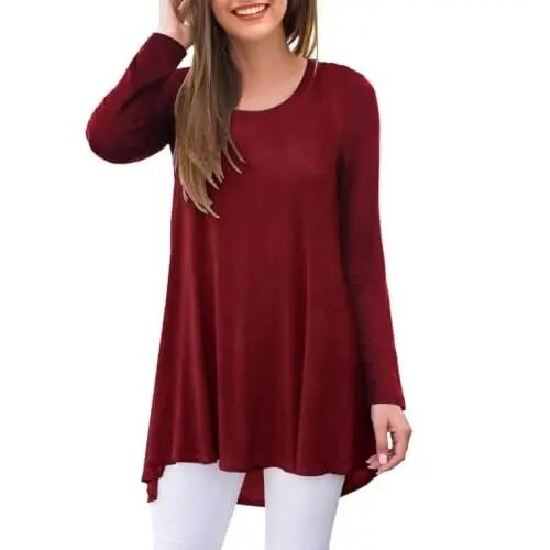 AWULIFFAN Women's Casual Round Neck Long Sleeve Loose Tunic T-Shirt Blouse Tops - AWULIFFAN