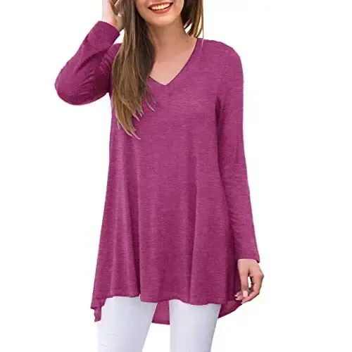 AWULIFFAN Women's Fall Long Sleeve V-Neck T-Shirt Sleepwear Tunic Tops Blouse Shirts - MODAZONE