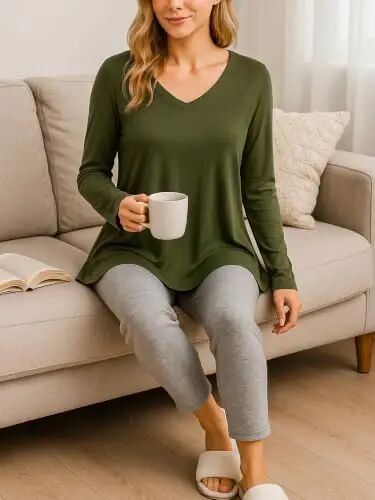 AWULIFFAN Women's Fall Long Sleeve V-Neck T-Shirt Sleepwear Tunic Tops Blouse Shirts - 5