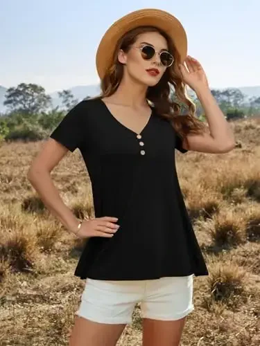 AWULIFFAN Womens Summer Short Sleeve Tunic Tops Loose Fit Casual T-Shirt Button Up Blouses - 6