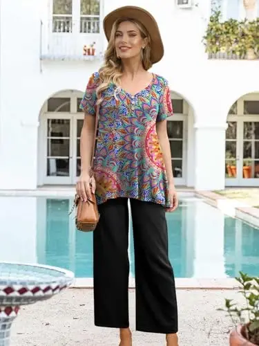 AWULIFFAN Womens Summer Short Sleeve Tunic Tops Loose Fit Casual T-Shirt Button Up Blouses - 5