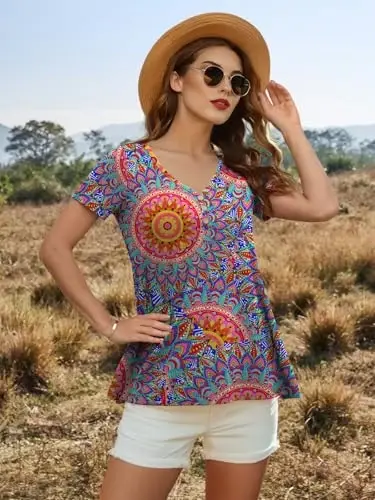 AWULIFFAN Womens Summer Short Sleeve Tunic Tops Loose Fit Casual T-Shirt Button Up Blouses - 6