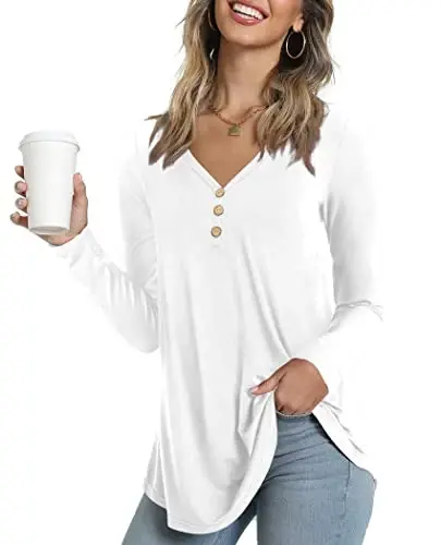 AWULIFFAN Womens Summer Short Sleeve Tunic Tops Loose Fit Casual T-Shirt Button Up Blouses - 1