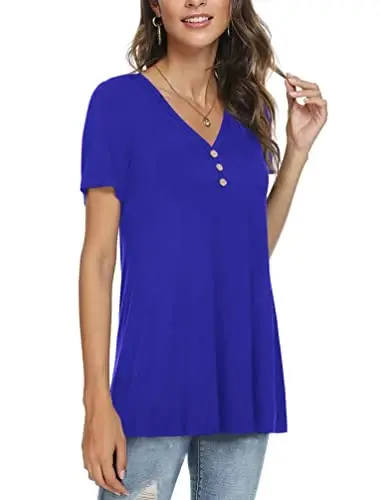 AWULIFFAN Womens Summer Short Sleeve Tunic Tops Loose Fit Casual T-Shirt Button Up Blouses - 2