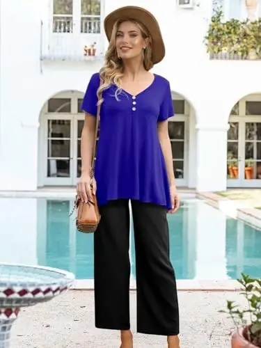 AWULIFFAN Womens Summer Short Sleeve Tunic Tops Loose Fit Casual T-Shirt Button Up Blouses - 5