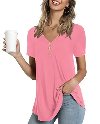 AWULIFFAN Womens Summer Short Sleeve Tunic Tops Loose Fit Casual T-Shirt Button Up Blouses - MODAZONE