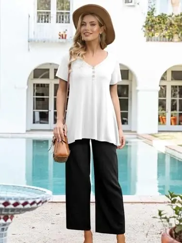 AWULIFFAN Womens Summer Short Sleeve Tunic Tops Loose Fit Casual T-Shirt Button Up Blouses - 5