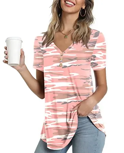 AWULIFFAN Womens Summer Short Sleeve Tunic Tops Loose Fit Casual T-Shirt Button Up Blouses - 1