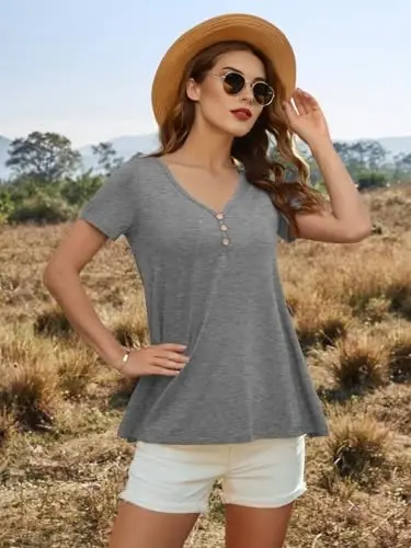 AWULIFFAN Womens Summer Short Sleeve Tunic Tops Loose Fit Casual T-Shirt Button Up Blouses - 6