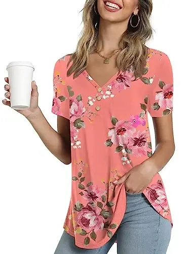 AWULIFFAN Womens Summer Short Sleeve Tunic Tops Loose Fit Casual T-Shirt Button Up Blouses - MODAZONE
