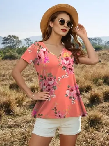 AWULIFFAN Womens Summer Short Sleeve Tunic Tops Loose Fit Casual T-Shirt Button Up Blouses - 6