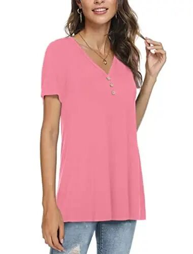 AWULIFFAN Womens Summer Short Sleeve Tunic Tops Loose Fit Casual T-Shirt Button Up Blouses - AWULIFFAN (1)