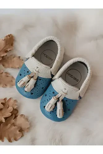 Axel Blue-Cream Genuine Leather Baby Moccasin-Blue Cream - 1