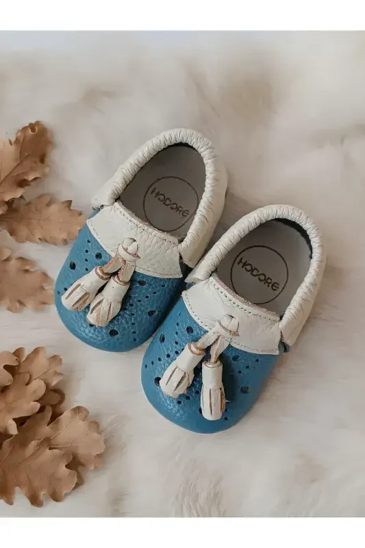Axel Blue-Cream Genuine Leather Baby Moccasin-Blue Cream - 1