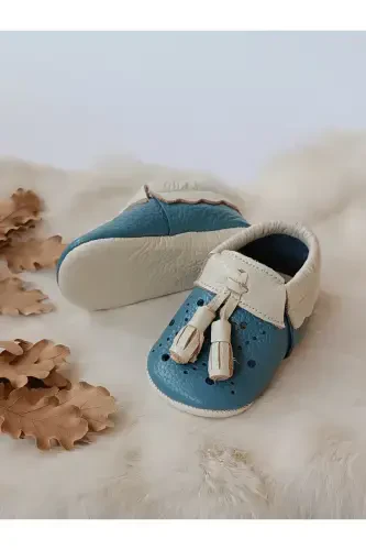 Axel Blue-Cream Genuine Leather Baby Moccasin-Blue Cream - 2