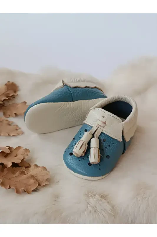 Axel Blue-Cream Genuine Leather Baby Moccasin-Blue Cream - 2