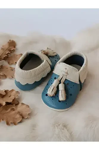 Axel Blue-Cream Genuine Leather Baby Moccasin-Blue Cream - 3