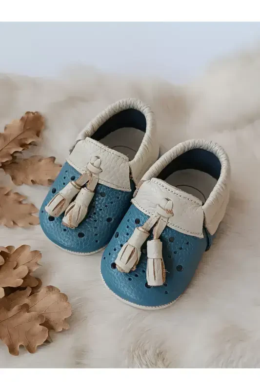 Axel Blue-Cream Genuine Leather Baby Moccasin-Blue Cream - 4