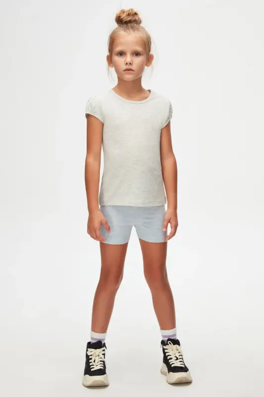 Ay Grisi Basic Kız Çocuk Sıfır Yaka Karpuz Kol Tişört-MOON GRAY - LOVETTI