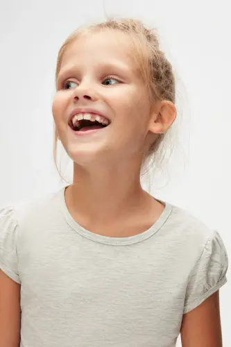 Ay Grisi Basic Kız Çocuk Sıfır Yaka Karpuz Kol Tişört-MOON GRAY - 3