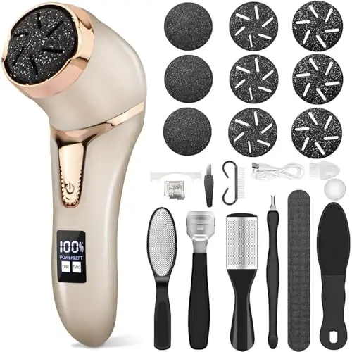 Electric Callus Remover for Feet, Portable Pedicure Kit Foot File Callus Remover, Rechargeable Waterproof Foot File for Foot Care Deadskin Remover with 9Head&LCD Display, Gold - 1