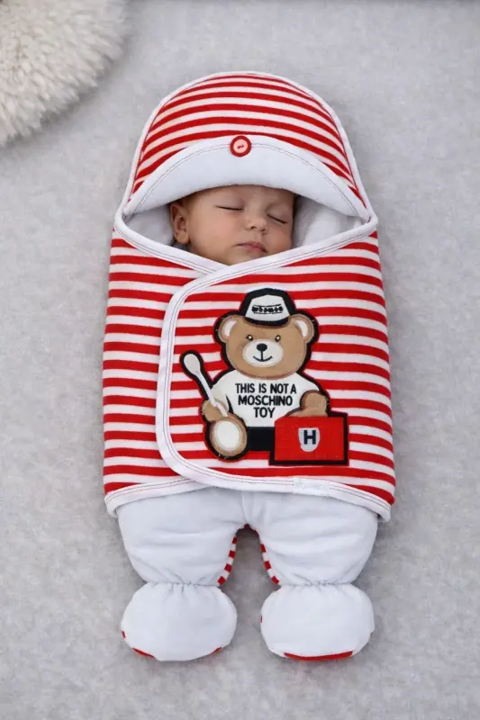Yenidoğan Unisex Ayaklı Bebek Kundağı Ve Uyku Tulumu - Ayıcık Nakışlı & Kırmızı Çizgili - 1