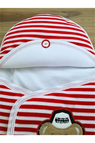 Yenidoğan Unisex Ayaklı Bebek Kundağı Ve Uyku Tulumu - Ayıcık Nakışlı & Kırmızı Çizgili - 6