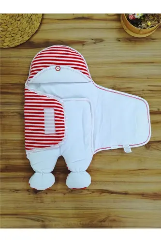 Yenidoğan Unisex Ayaklı Bebek Kundağı Ve Uyku Tulumu - Ayıcık Nakışlı & Kırmızı Çizgili - Kırmızı - 4