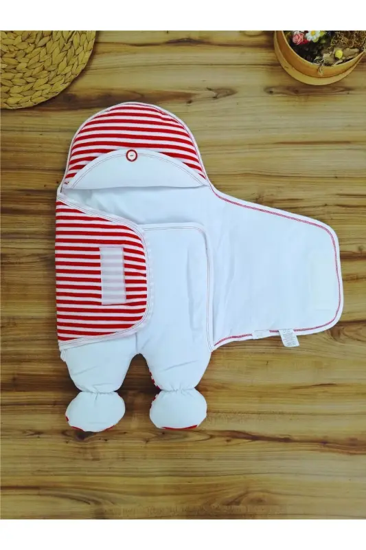 Yenidoğan Unisex Ayaklı Bebek Kundağı Ve Uyku Tulumu - Ayıcık Nakışlı & Kırmızı Çizgili - Kırmızı - 4