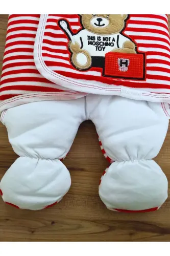 Yenidoğan Unisex Ayaklı Bebek Kundağı Ve Uyku Tulumu - Ayıcık Nakışlı & Kırmızı Çizgili - Kırmızı - 8