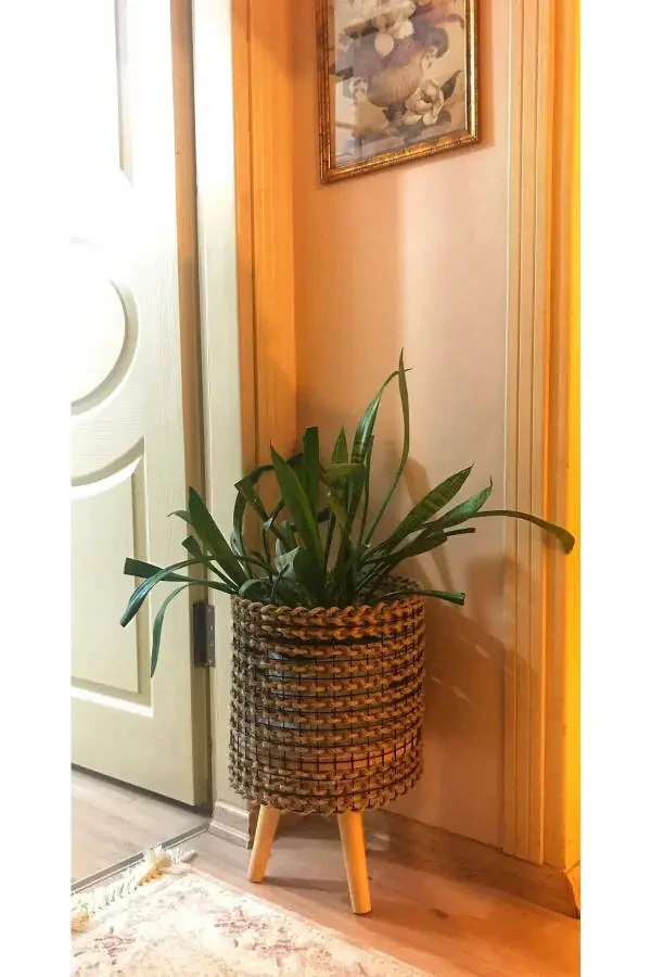 Ayaklı Hasır Saksılık, Hasır Örgü Saksılık, Tel Saksılık, Hasır Tel Saksılık-Doğal hasır halat rengi ve siyah tel - 2