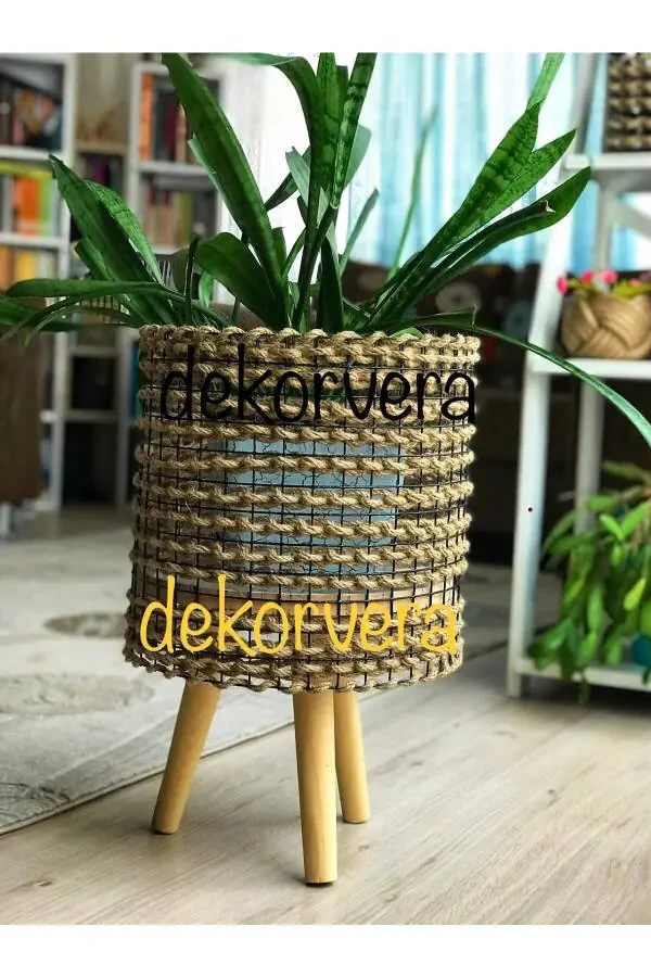 Ayaklı Hasır Saksılık, Hasır Örgü Saksılık, Tel Saksılık, Hasır Tel Saksılık-Doğal hasır halat rengi ve siyah tel - 6