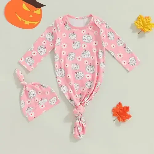Ayalinggo Newborn Boy Girl Coming Home Outfit Baby Infant Sleeper Gown Nightgown Outfits Cute Fall Winter Pajamas and Hat - 2