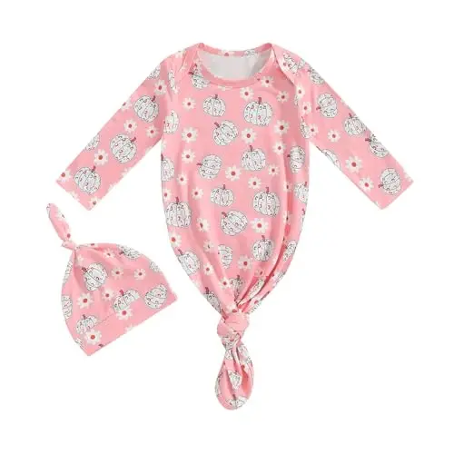 Ayalinggo Newborn Boy Girl Coming Home Outfit Baby Infant Sleeper Gown Nightgown Outfits Cute Fall Winter Pajamas and Hat (Halloween Pumpkin Pink, Newborn) 